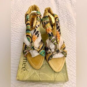J.Renee Women's Sandals Heels Yolanda Yellow Lime Multi Eyelet Fabric Dressy NWT